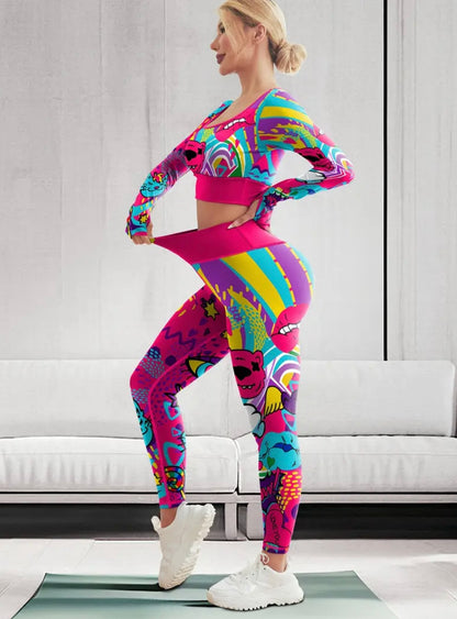 2-Piece Women's Sports Set Colorful Print Long